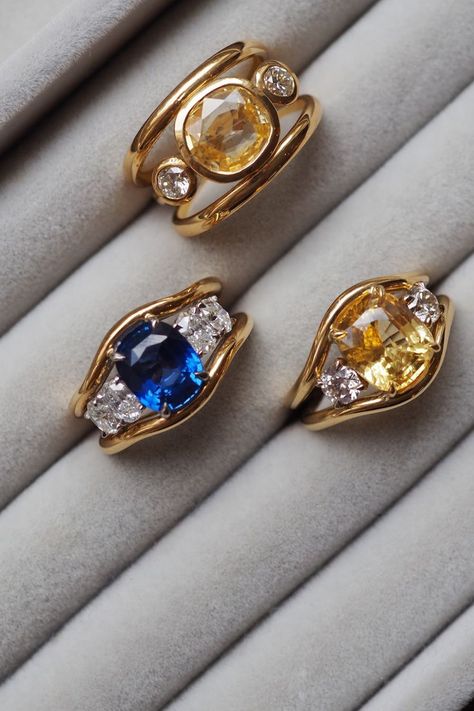 Discover Minka Jewels at The Cut London now: vibrant, gemstone-set jewels in smooth 18k yellow gold. Yellow Gold Gemstone Rings, Sister Rings, London Now, Blue Sapphire Jewelry, Sapphire Engagement Rings, Bespoke Rings, Fancy Rings, Bespoke Engagement Ring, Dream Engagement Rings