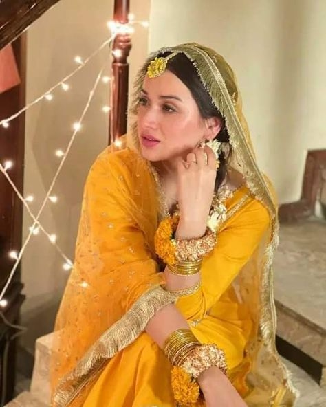 Haldi Look For Bride, Aena Khan, Haldi Outfit For Bride, Urdu Poetry Ghazal, Mayon Dresses, Haldi Dress, Nikah Outfit, Mehndi Outfit, Indian Bridesmaid Dresses