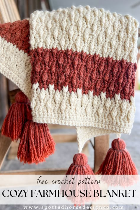 Cozy Crochet Blanket Free Pattern - Spotted Horse Design Co. Chunky Crochet Blankets, Textured Crochet Blanket, Chunky Blanket Pattern, Farmhouse Blanket, Bulky Yarn Crochet, Bulky Yarn Patterns, Spotted Horse, Chunky Yarn Crochet, Chunky Crochet Blanket Pattern