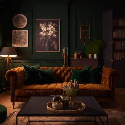 Chesterfield Ottoman Living Room, Green Chesterfield Sofa Living Rooms, Green And Leather Living Room, Green Ottoman Living Room, Green Leather Couch Living Room, Leather Chesterfield Sofa Living Room, Rust And Green Living Room, Leather Ottoman Living Room, Green And Tan Living Room