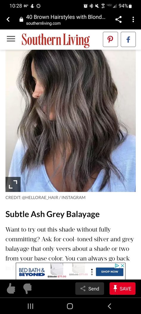 Hide Gray Hair With Highlights Brunettes, Blonde Highlights On Dark Hair Short, Ash Blonde Highlights On Dark Hair, Ash Brown Hair With Highlights, Dark Grey Hair Color, Grey Brown Hair, Dark Grey Hair, Gray Balayage, Blonde Highlights On Dark Hair