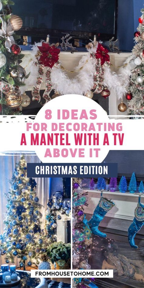 These ways to decorate a Christmas mantel with a TV above it are awesome! The fireplace mantel decorating ideas are so pretty, you don't even notice the TV! Garland Above Fireplace, Christmas Mantel With Tv Above, Christmas Mantels With Tv, Christmas Fireplace Design, Mantel Decorating Ideas, Christmas Colour Schemes, Christmas Mantel Decor, Mantel Decor Ideas, Glam Christmas Decor