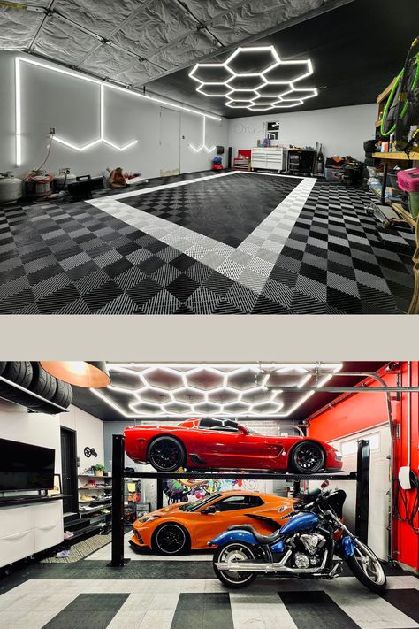 Transform your garage into a sleek modern space with LED lighting! 💡✨ Embrace efficiency and style with these contemporary upgrades. #ModernGarage #LEDLighting #HomeImprovement #GarageGoals #InteriorDesign #LED #Garage #garagelighting Modern Garage Interior, Garage Designs, Mechanic Shop, Modern Garage, Garage Interior, Auto Detailing, Garage Lighting, Man Cave Garage, Garage Design