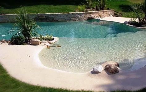 sand-pool-beach-zero-entry-pool Pools Design, Island Pool, Kleiner Pool Design, Beach Entry Pool, Natural Swimming Ponds, Piscina Interior, Backyard Beach, Small Pool Design, Swimming Pond