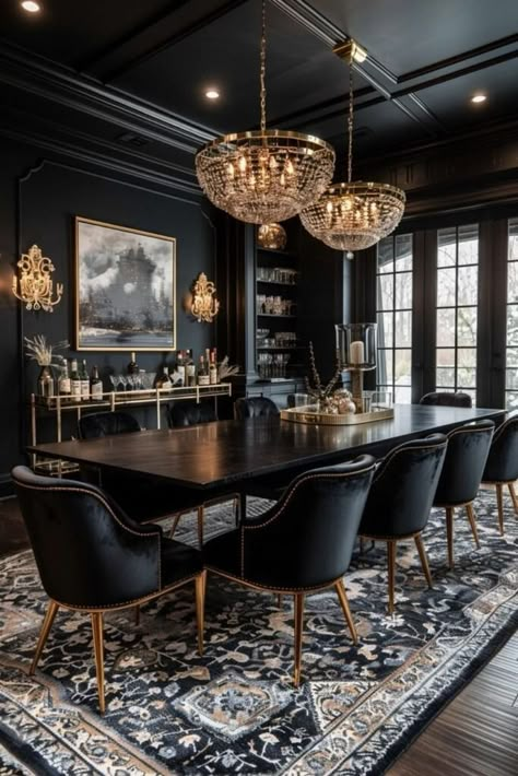 Art Deco Interior Dining Room, Restaurant Style Dining Room, Dining Rooms With Dark Walls, Dark Romantic Dining Room, Living Room Designs Art Deco, Black Formal Dining Room, Modern Opulence Interiors, Black And Gold Dining Room Ideas, Dark Aesthetic Interior Design Ideas