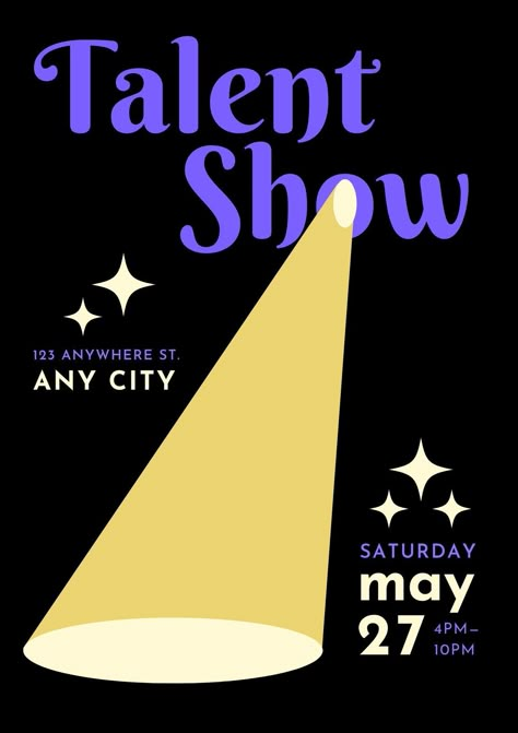 Black Illustration Event Talent Show Flyer #canva #canvastemplate #canvatemplate Talent Show Invitations, Talent Show Template, Events Poster Ideas, Poster For Event Ideas, Flyer Inspo Poster Designs, Talent Show Graphic Design, Poster For An Event, Met Gala Poster Design, School Event Poster Design