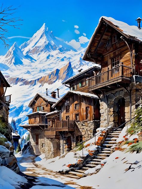 Snow Village Fantasy Art, Fire Village, Medieval Background, Village Drawing, Snow Cabin, Anime Land, Seed Art, Alpine Village, Snow Art