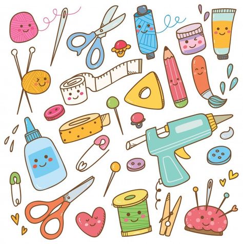 Art and craft supplies doodle, diy tools... | Premium Vector #Freepik #vector #vintage #hand #fashion #button Art Supply Doodles, Arts And Crafts Drawing, Tool Illustration, Art And Craft Images, Arts Doodle, Craft Illustration, Idee Cricut, Craft Logo, Craft Images