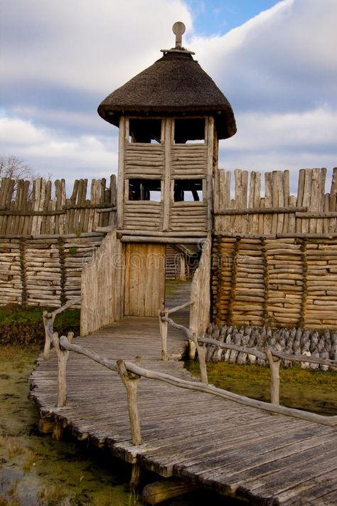 Wooden wall and tower. Small wooden bridge, wall and tower in Biskupin - Poland , #Affiliate, #tower, #Small, #Wooden, #wall, #Biskupin #ad Wooden Fortress, Viking City, Wooden Fort, Houses Inspiration, Wooden Castle, Log Wall, Medieval Fortress, Wooden Log, Medieval Architecture