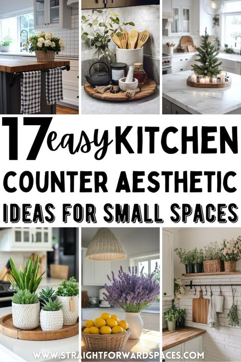 A small kitchen counter styled with aesthetic decor pieces. Kitchen Counter Nook Ideas, Styling A Kitchen Island Countertops, How To Decorate A Modern Kitchen, Small Counter Top Ideas, How To Decorate A Long Countertop, Bar Counter Top Decor Ideas Home, Mirror On Kitchen Counter, Black And Teal Kitchen Decor, Island Centerpiece Ideas Kitchen Boho