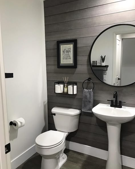 20 Modern And Stylish Grey Shiplap Ideas You Should See Colored Shiplap Wall Bathroom, Shiplap In Half Bathroom, Grey And White Powder Room, Bathroom Black Shiplap Wall, Bathroom With Black Shiplap, Stand Up Bathroom Ideas, Half Bathroom Ideas Farmhouse Modern, Charcoal Accent Wall Bathroom, Small Bathroom Ideas Shiplap