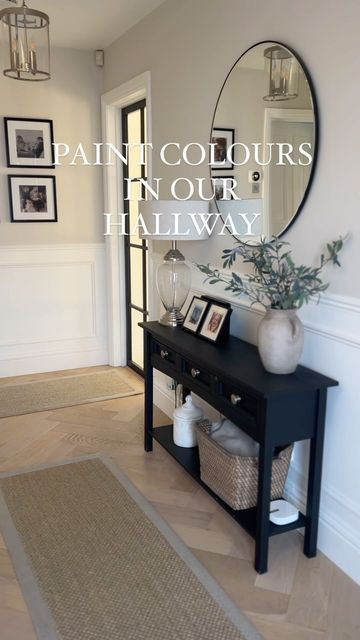 Sophie Higgs on Instagram: "HALLWAY PAINT COLOURS🤍 One of my most asked questions is what colour are the walls and panelling in our hallway, so I thought it would be helpful to add the details and photos of the paint tins

The bottom half of the walls and the panelling are all painted in the same @duluxtrade paint and then the top half is painted in a @valsparpaintuk bespoke colour, I’ve added the reference codes for a 5 litre tin so you can screen grab them 😘 I think it’s the perfect neutral colour 

I’m starting the panelling in Darcie’s room today, I’ll share some progress in my stories

Hope you all have a lovely day
Sophie 😘

#paintcolours #neutralpaint #panelling #wallpainting #wallpanelling #hallwaydecor #hallwaydesign #hallwaypanelling #hallwayinspo #hallwayideas" Painting A Hallway Ideas, Dark Wood Hallway Ideas, Cream And Black Hallway, Calm Hallway, Cosy Hallway Ideas, Hallway Paint Colours, Two Tone Hallway, Grey And White Hallway, White Hallway Ideas