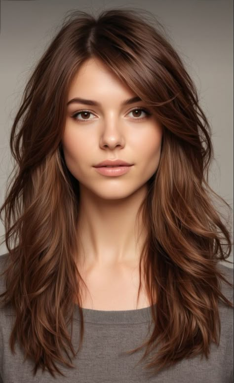 Face Frame Haircut Side Part, Side Parting Layered Hair, Long Hairstyles With Side Part, Side Part With Face Framing Layers, Bangs With Soft Layers, Side Part Long Bangs, Soft Side Bangs, Hair Styles For Round Face Shape, Layers With Side Bangs