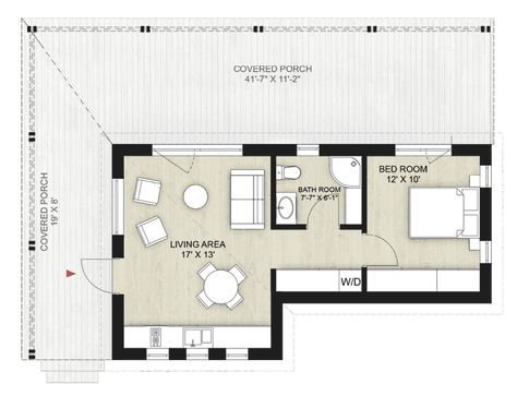 Truoba Mini 117 Modern House Plan | Truoba Plan 924-7 Room Layout Design, One Bedroom House Plans, 1 Bedroom House Plans, Granny Pod, One Bedroom House, 1 Bedroom House, Granny Flats, Garden Suite, Roof Construction