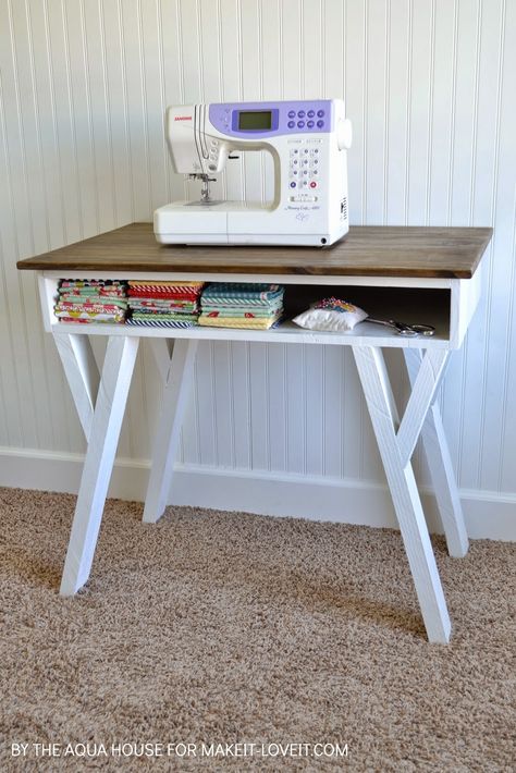 Make your own Farmhouse Modern Desk...with an open front storage cubby! --- Make It and Love It Small Sewing Table, Diy Farmhouse Desk, Ikea Laundry Room, Diy Sewing Table, Farmhouse Desk, Storage Cubby, Desk Organization Diy, Sewing Spaces, Desk Plans