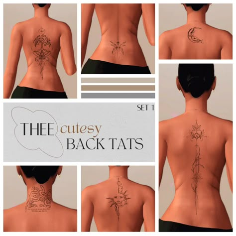 Thee Cutesy Collection: Set 1 | Thee Cutesy Back Tats | Patreon Sims 4 Back Tattoo Cc, S4cc Tattoos, Sims 4 Cc Tattoos, Sims 4 Piercings, Sims 4 Tattoos, Back Tats, Sims 4 Cc Eyes, Sims 4 Skin, Sims 4 Challenges