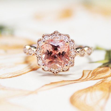 Peach perfection.  Link in bio to shop this style | Morganite Cadenza Halo Ring #BrilliantEarth #rosegold #engagementring #ido Engagement Rings For Bride, Equally Yoked, Rings For Bride, Round Cut Halo Engagement Ring, Brilliant Earth Rings, Pink Wedding Rings, Rose Gold Halo Engagement Ring, Rose Gold Engagement Rings, Round Halo Engagement Rings