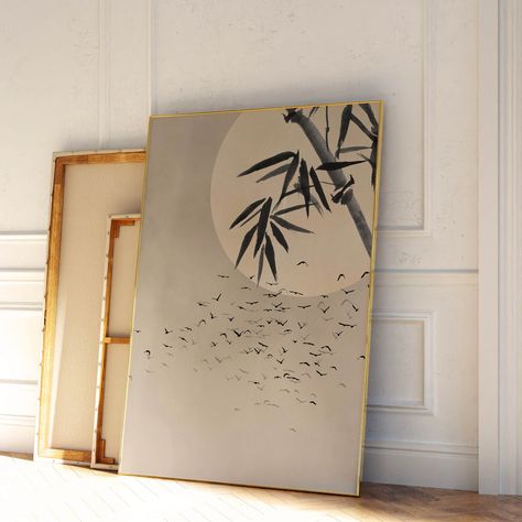 Japanese Wall Art Print, Flying Birds, Beige, Bamboo Landscape, Sun, Living Room Decor, Large, Japandi Art, Zen, Wabi Sabi, Neutral Wall Art by Aureous on Etsy Japandi Artwork, Living Room Decor Large, Bamboo Artwork, Japanese Calligraphy Art, Bamboo Landscape, Japanese Wall Decor, Japandi Art, Neutral Artwork, Extra Large Art