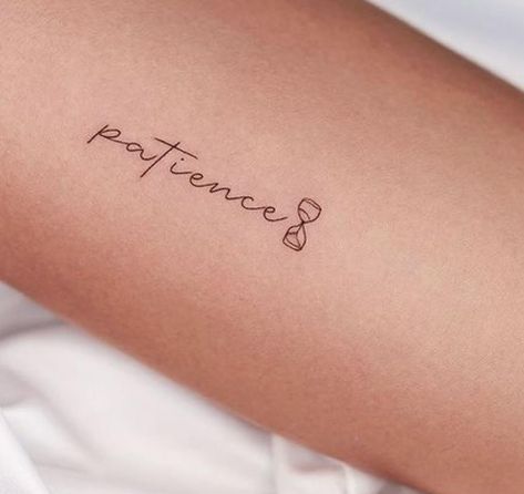 Patience Tattoos For Women, Patience Tattoo Ideas Symbols, Amor Tattoo Fonts Words, Patience Tattoos, Patience Tattoo Ideas, Tattoo Words Design, Aya Core, Black Out Tattoo, Patience Tattoo