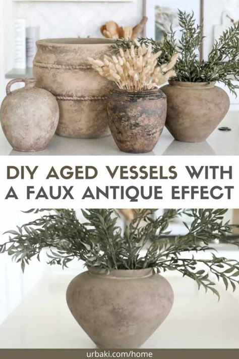 Are you ready to embark on a creative journey that will breathe new life into your home decor? Look no further than DIY aged vessels with a faux antique effect.rnrnWith just a few simple steps, you can transform ordinary vases into captivating pieces that exude charm and character.rnrnBest of all, this thrifty project is super affordable, incredibly enjoyable, and requires minimal effort. Get ready to unleash your inner artist and let your imagination run wild!rnrnThrift Flipping: The Art of... Antique Art In Bathroom, Faux Aged Pottery, Diy Aged Vessel, Terra Cotta Vase Decor, Diy Faux Ceramic Vase, Natural Pottery Ideas, Diy Vintage Pottery, Diy Old Vase, Aged Vases Diy