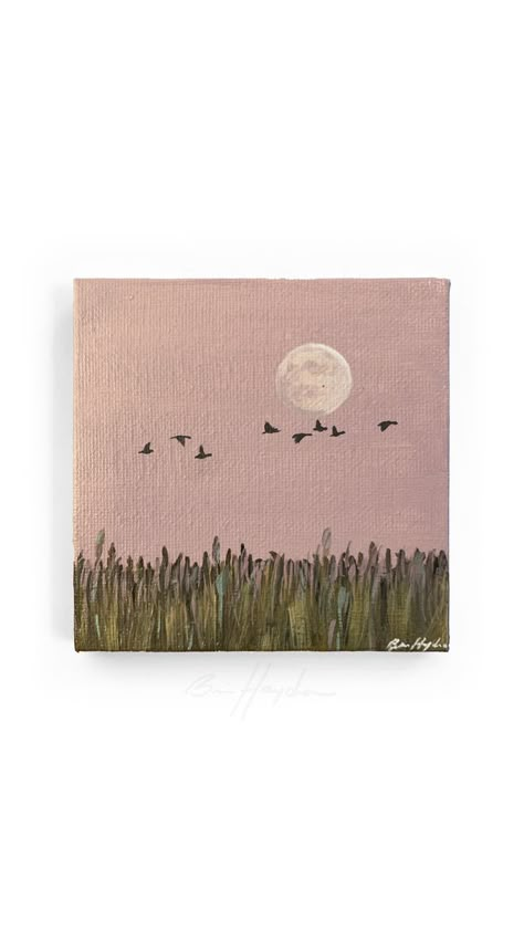 Mini acrylic painting by Brie Hayden showing geese flying over a field with a full moon in a pink sky Painting Ideas Simple Acrylic, Cute Vintage Painting Ideas, Small Art Work, Pink Simple Painting, Small Painting Inspiration, Small Mini Canvas Paintings, Easy Art Inspo Painting, Small Cute Painting Ideas, Simple And Cute Paintings