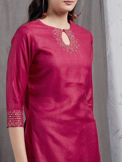 Kurta designs new fashion for women - Simple Craft Ideas Plain Kurti Designs, Plain Kurti, Silk Kurti Designs, Salwar Neck Designs, Churidar Neck Designs, Chanderi Dupatta, Kurti Sleeves Design, Kurta Patterns, Simple Kurti