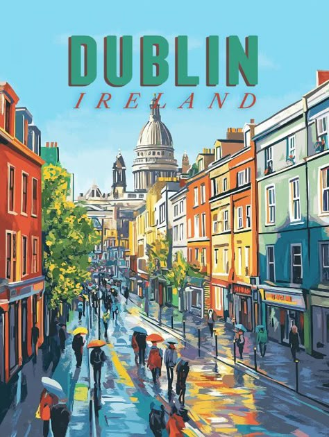 Relive Dublin's Charm poster - Vintage Posters Ireland Vision Board, Wall Postcards, Dublin Aesthetic, Dublin Poster, St Patricks Party, Street Scape, Holiday Posters, Ireland Aesthetic, Vintage Ireland