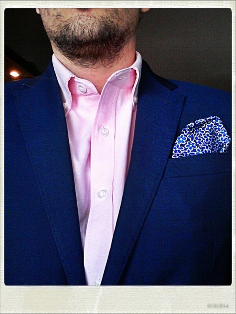 Today's outfit; pink oxford shirt, blue suit jacket with a floral handkerchief. Blue Suit Pink Shirt, Hoco Suits, Mike Suits, Blue Colour Suit, Social Outfits, Boys Wedding Outfit, Pink Shirt Men, Casual Wedding Outfit, Wedding Outfit For Boys