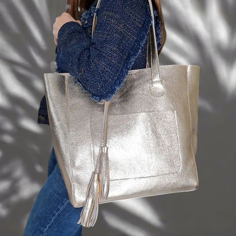 Gold Metallic Leather Tote Bag 💫 Metallic Leather, Leather Tote Bag, Leather Tote, Gold Metal, Tote Bag, Leather, Gold, On Instagram, Instagram