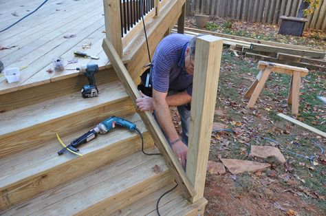 Step by step instructions for how to install deck stair railings. Learn about the code requirements and construction tips with images. Deck Railing Height, Stair Angle, Deck Stair Railing, Deck Building Plans, Outdoor Stair Railing, Step Railing, Stair Balusters, Deck Steps, Building Stairs