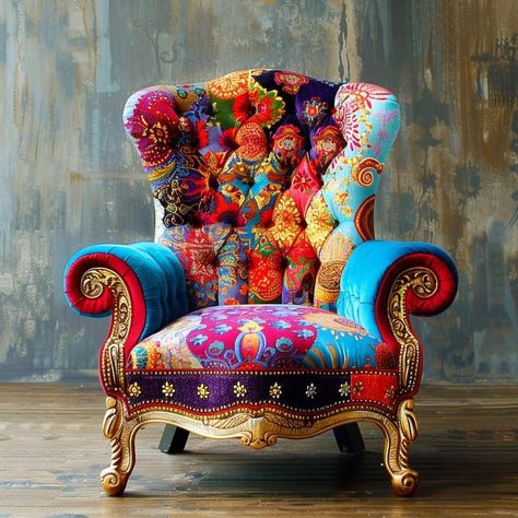 Mint Green Room, Green Room Design, Patchwork Furniture, Funky Chairs, Colourful Living Room Decor, Unusual Furniture, Vintage Armchair, Whimsical Furniture, Boho Chair