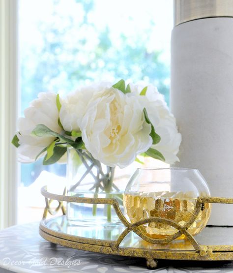 Gold tray votive home decor accents Gold Bowl Decor Centerpiece Ideas, Decorating With Gold Accents, White Glass House, Gold Decor Accents, Gold Tray Decor, Dining Table Centerpiece Ideas, Hope Decor, Sanctuary Decor, Outdoor Interior