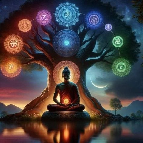 Buddha Enlightenment Art, Meditation Chakras Wallpaper, Buddha Meditation Wallpaper, 7 Chakras Wallpaper, Metaphysics Art, Buddha Meditation Art, Meditation Wallpaper, Buddha Enlightenment, Bodhi Tree Art