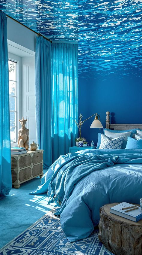 coastal bedroom decorating Sea Inspired Bedroom, Underwater Bedroom Theme, Underwater Room Aesthetic, Ocean Mural Bedroom, Under The Sea Bedroom Kids, Sea Blue Bedroom, Girls Ocean Bedroom, Kids Ocean Bedroom, Ocean Bedroom Aesthetic