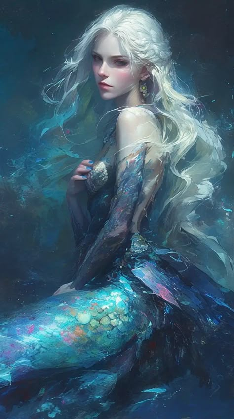 Surreal Mermaid Art, Sirens Fantasy Art, White Haired Mermaid, Mermaid Character Art, Sirene Aesthetic, Siren Fantasy Art, Mermaid Oc Art, Mermaid Fantasy Art, Siren Art