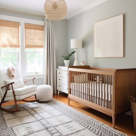 A modern vintage nursery combines classic elements with a contemporary twist. Mix antique-style cribs and dressers with modern accents like geometric rugs and minimalist lighting. Use a muted color palette with pops of pastel for a timeless feel. Mid Modern Nursery, Mixed Woods Nursery, Mixed Furniture Nursery, Neutral Nursery With Pops Of Color, Mid Mod Nursery, Mixed Wood Nursery, Nursery With Wooden Crib, Mismatched Nursery Furniture, Mid Century Nursery Boy