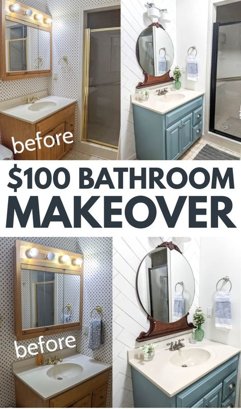 No matter how ugly and dated your bathroom, you can completely update it on a tiny budget! This $100 bathroom makeover completely transformed this room without any complicated demo and layout changes. New paint, a fun wood accent wall, and lots of DIY touches completely updated this master bathroom. Come get inspired to update your own dated bathroom! Bathroom Diy Ideas, Bathroom Makeover Ideas, Small Bathroom Diy, Diy Bathroom Makeover, Bathroom Makeovers, Old Bathroom, Cheap Bathrooms, Small Bathroom Makeover, Small Bathroom Ideas On A Budget