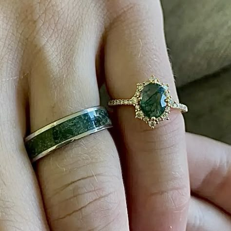 Masc Female Wedding Ring, Engagement Rings Lesbian Couple, Wlw Wedding Rings, Masc Lesbian Wedding Ring, Matching Rings Aesthetic, Queer Wedding Rings, Masc Lesbian Engagement Rings, Nature-inspired Green Wedding Ring, Lesbian Rings