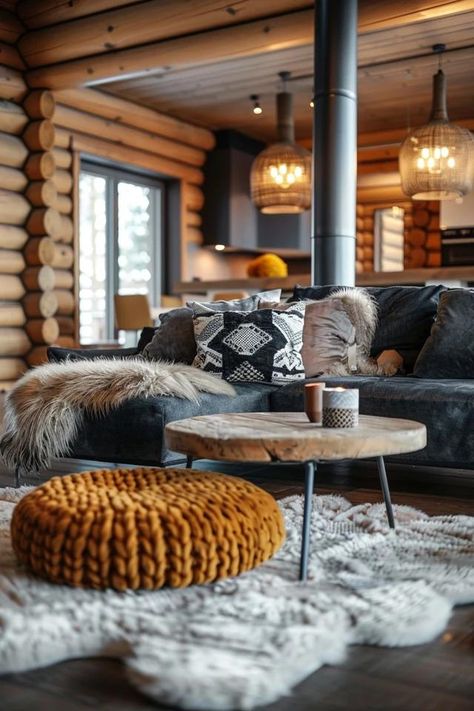 Rustic Log Cabin Flooring Ideas That Wow Update Log Cabin Interior, Log Cabin Floors, Log Cabin Game Room, Log Cabin Flooring Ideas, Cabin Flooring Ideas, Modern Log Home Interiors, Airbnb Staging, Modern Log Cabin Interior, Log House Interior