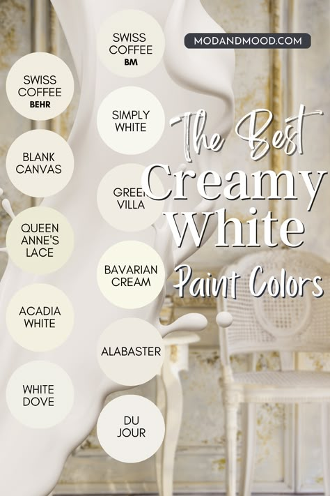 The Best Creamy White paint colors. From top to bottom: Swiss Coffee Benjamin Moore, Swiss Coffee Behr, Simply White, Blank Canvas, Greek Villa, Queen Anne's Lace, Bavarian Cream, Acadia White, Alabaster, White Dove and Du Jour. Back ground photo is a spill of cream, over a photo of a cream and gold Victorian Living Room. Soft White Bedroom Paint Colors, White And Cream Paint Combinations, Creamy Color Paint, Cream Ivory Paint Colors, Cozy Cottage Paint Color Behr, Behr Cream Paint Colors Kitchen, Sw Creamy White Paint Colors, Best Creamy White Paint Color Behr, Creamy Warm White Paint Colors