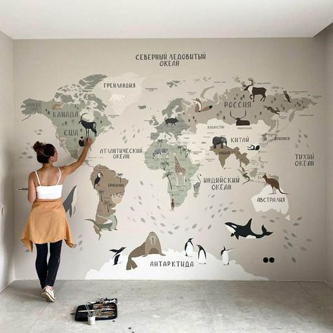 Kids Room Murals, Kids Room Paint, Animal Mural, Murals For Kids, Baby Boy Room Decor, Bedroom Murals, Wall Murals Painted, Map Of The World, Tree Wall Decor