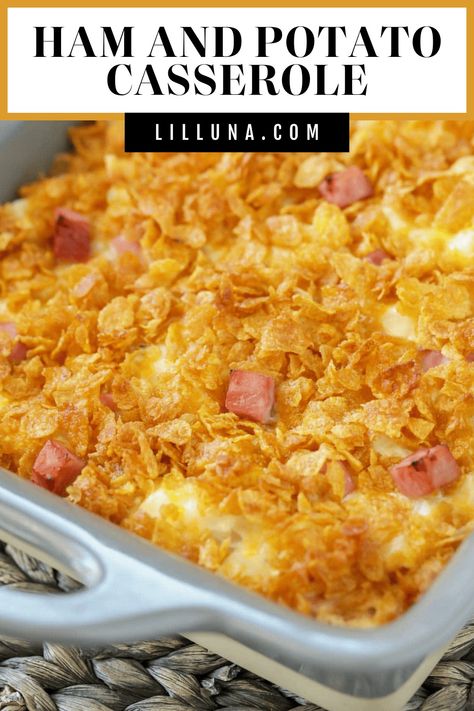 Cheesy ham and potato casserole is creamy and homey. It's topped with crunchy corn flakes for the perfect side dish! #hamandpotatocasserole #cheesypotatoandham #sidedish #potatodish Quick Fruit Salad, Ham And Potato Recipes, Ham Casserole Recipes, Ham And Potato Casserole, Ham Dishes, Creamy Pasta Bake, Cheesy Ham, Cheesy Potato Casserole, Ham Potato