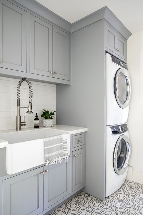 Shannon Weller Gray Laundry Room Farmhouse Utility Sink | Projects (Title) Small Contemporary Laundry Room, Subway Tile Laundry Room, Small Utility Room, Metro White, Grey Laundry Rooms, Stacked Laundry Room, Laundry Room Sink, Laundry Room Layouts, Laundry Room Renovation