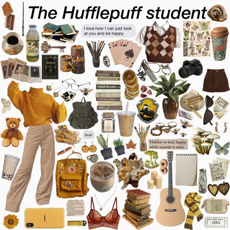 Huffulpuff Aesthetic, Casual Hufflepuff Outfit, Hufflepuff Student Aesthetic, Harry Potter Clothes Hufflepuff, Hufflepuff Academia Outfit, Hufflepuff Clothes Aesthetic, Hugglepuff Aesthetic, Harry Potter Outfit Ideas Hufflepuff, Hufflepuff Cottagecore