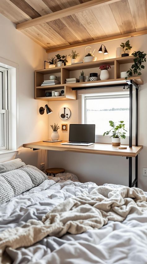 Tiny Home Desk Ideas Tiny Office Space Ideas, Tiny Office Space, Home Desk Ideas, Office Space Ideas, Modular Desk System, Wall Cubbies, Desk Nook, Desk Solutions, Tiny Office