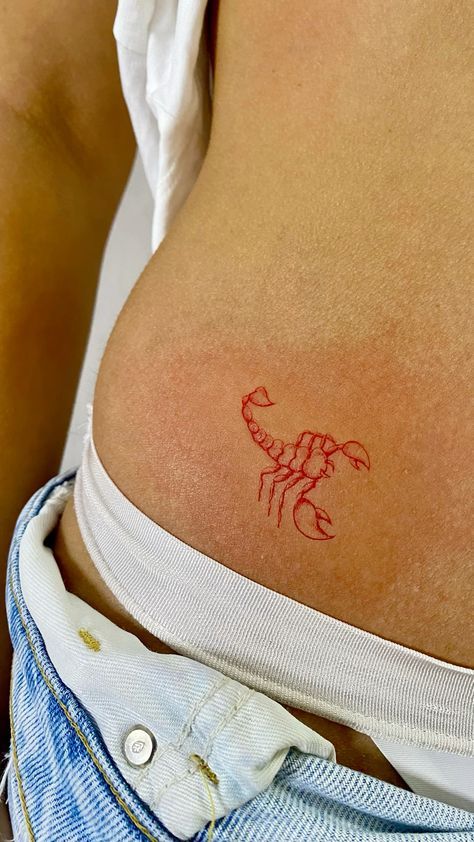 Lobster Fine Line Tattoo, Cute Red Ink Tattoos, Red Tattoo Chest, Simple Red Tattoos For Women, Red Back Tattoo Women, Back Tattoo Red Ink, Cute Red Tattoos For Women, Scorpion Tattoos For Women, Back Red Tattoo