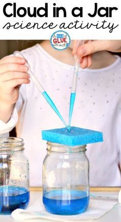 Cloud in a jar science experiment with a sponge Rain Cloud In A Jar, Weather Science Activities, Weather Activities Preschool, Cloud In A Jar, Weather Activities For Kids, Weather Lessons, Preschool Weather, Weather Crafts, Weather Science