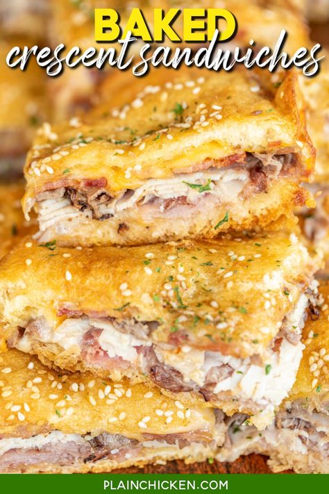 Baked Crescent Sandwiches - SO GOOD!! Crescent rolls stuffed with turkey, ham, roast beef, bacon, and cheese topped with a sweet & savory glaze and baked. These things are ridiculously good! Great for tailgating, potlucks, parties, lunch, and dinner. Crescent rolls, ham, turkey, bacon, cheese, butter, dijon mustard, Worcestershire sauce, brown sugar, and sesame seeds. There are never any leftovers when I take these to a party! Whip up a batch ASAP! Crescent Roll Ups Ham And Cheese, Pillsbury Crescent Sandwich Recipes, Dinner Roll Ups, Ham And Cheese Pockets Crescent Rolls, Crescent Roll Turkey And Cheese, Baked Crescent Sandwiches, Sliders With Crescent Rolls, Turkey Crescent Roll Recipes, Turkey Lunch Meat Roll Ups