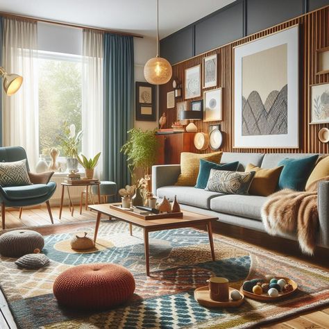 Living Room Mid Century Modern Bohemian, 1970s House Interior Design, Mid Century Airbnb, Living Room Couch Color Ideas, Warm Welcoming Living Room, Mid Century Sitting Room, Mid Century Modern Living Room Ideas Retro Interior Design, Mcm Decorating Ideas, Mid Century Modern Living Room Layout