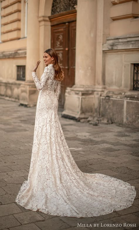 Wedding Dress With Covered Back, High Neck Boho Wedding Dress, Covered Wedding Dresses, Lorenzo Rossi Wedding Dress, High Neck Wedding Dress With Sleeves, High Neck Mermaid Wedding Dress, Full Lace Wedding Dresses, Turtleneck Wedding Dress, High Neck Long Sleeve Wedding Dress